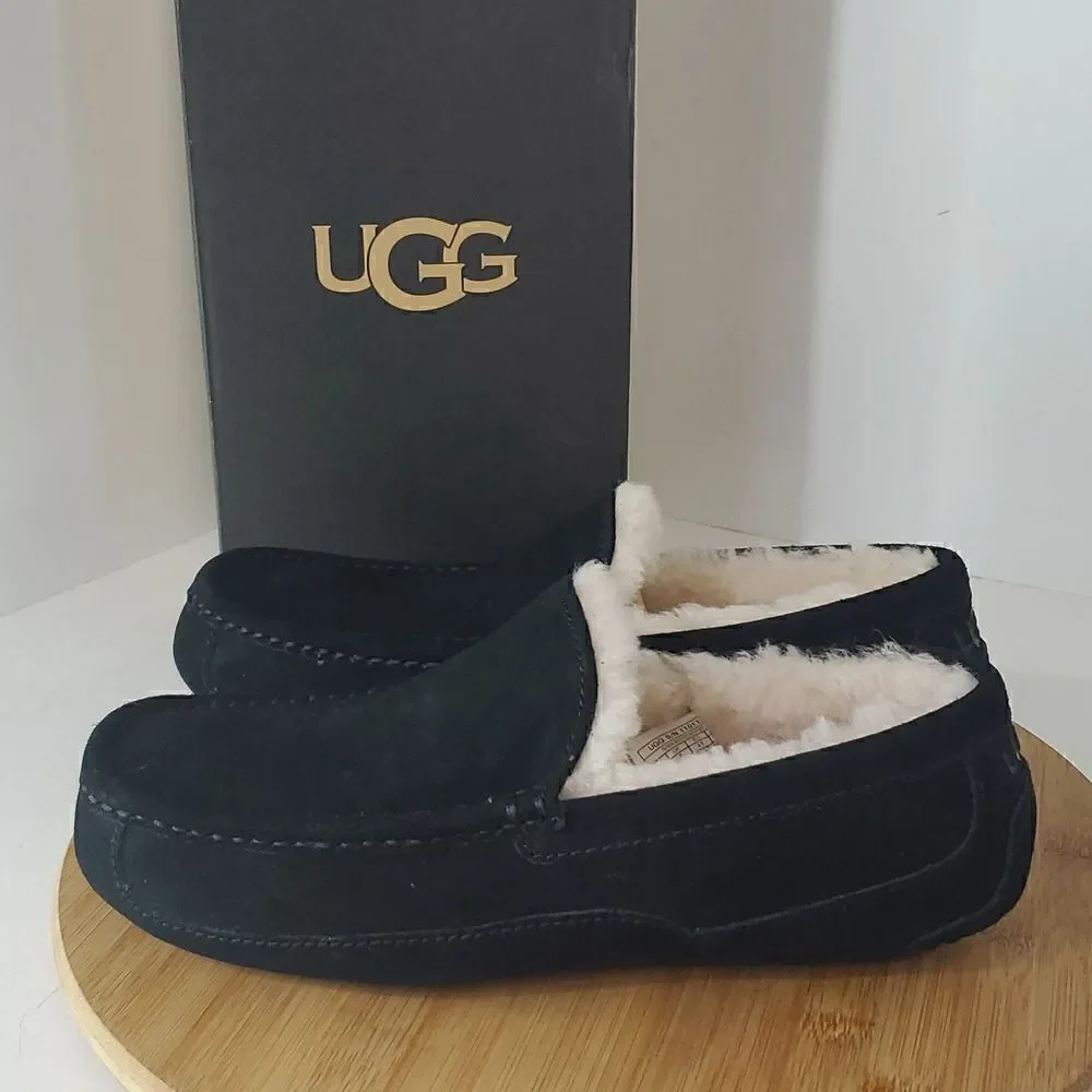 UGG Ascot Slipper Black Suede Wool Comfort Loafer Men's US 8 NIB